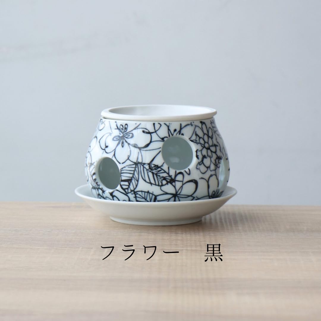 Amazon.co.jp: 茶香炉 アロマポット 陶器 有田焼 黒 花柄 アロマ 香炉